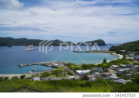 從大神山公園觀景台上眺望停泊在小笠原群島父島二見港的飛鳥三號戰艦。 141457535