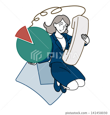 一位女商人手持手機、電子郵件和圓餅圖的插圖。 141458030
