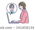 Male and female office workers having an online meeting on their computers. 141458134
