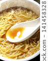 Scoop the soup from the cup noodles with a spoon. 141458328