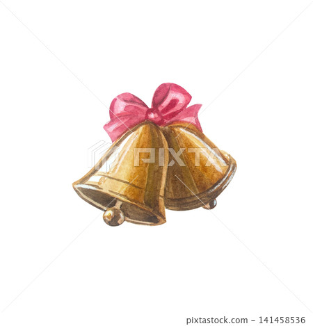 Golden Christmas bells with red ribbon bow. Isolated hand drawn watercolor illustration of traditional holiday jingle bell element for festive winter celebration greeting card design Golden Christmas bells with red ribbon bow. Isolated hand drawn watercolor illustration of traditional holiday jingle bell element for festive winter celebration greeting card design 141458536
