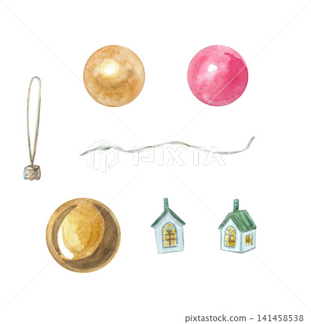 Watercolor Christmas bauble and miniature house toy set. Isolated hand drawn festive ornament element collection for New Year design. Realistic detailed golden and pink holiday decoration Watercolor Christmas bauble and miniature house toy set. Isolated hand drawn festive ornament element collection for New Year design. Realistic detailed golden and pink holiday decoration 141458538