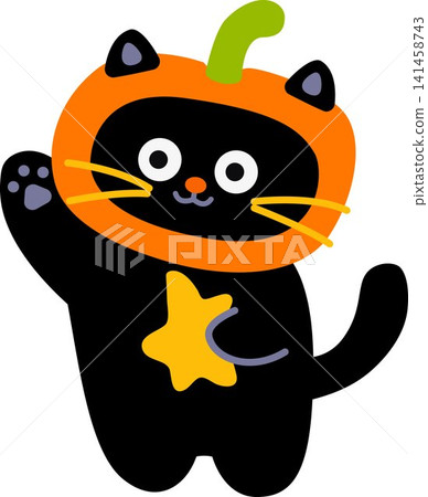 Cute Black Cat Wearing a Pumpkin Costume Holding a Star Cute Black Cat Wearing a Pumpkin Costume Holding a Star 141458743