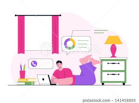Remote Work Environments Illustration Featuring Home Office Setup, Virtual Collaboration, Online Meetings, Digital Communication, and Productivity Remote Work Environments Illustration Featuring Home Office Setup, Virtual Collaboration, Online Meetings, Digital Communication, and Productivity 141458893