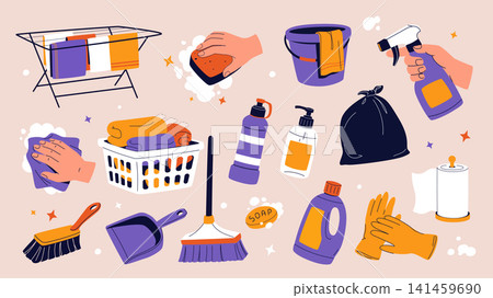 Household supplies elements set design. Collection with drying laundry, washing sponge, bucket and rag, spray detergent, garbage bag, basket, rubber gloves, paper towels, more. Vector illustration. Household supplies elements set design. Collection with drying laundry, washing sponge, bucket and rag, spray detergent, garbage bag, basket, rubber gloves, paper towels, more. Vector illustration. 141459690