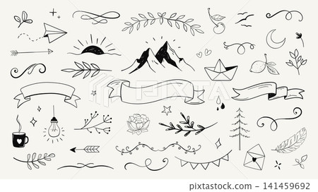Hand drawn ink elements set design. Collection with black sketchy leaf, paper aircraft, dividers, birds silhouettes, mountains, arrows, hearts, stars, labels, more line scribbles. Vector illustration. Hand drawn ink elements set design. Collection with black sketchy leaf, paper aircraft, dividers, birds silhouettes, mountains, arrows, hearts, stars, labels, more line scribbles. Vector illustration. 141459692