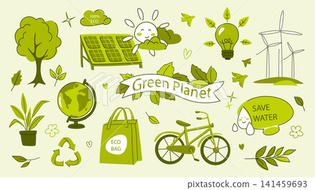 Ecology elements set design. Collection with tree forest, solar panel station, green electricity generation, light bulb, wind turbines, plant, eco bag, bicycle, save water, more. Vector illustration. Ecology elements set design. Collection with tree forest, solar panel station, green electricity generation, light bulb, wind turbines, plant, eco bag, bicycle, save water, more. Vector illustration. 141459693