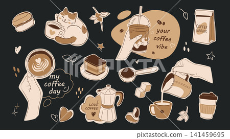 Coffee drink elements set design. Collection with cappuccino, espresso, latte and other beverage in cup or mug in hands, cute cat, cake desserts, beans in bag, mocha pot, more. Vector illustration. Coffee drink elements set design. Collection with cappuccino, espresso, latte and other beverage in cup or mug in hands, cute cat, cake desserts, beans in bag, mocha pot, more. Vector illustration. 141459695