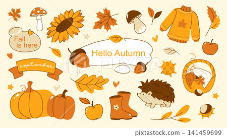 Hello Autumn elements set design. Collection with yellow and orange maple or oak leaves, mushroom, sunflower, sweater, apple, acorns, pumpkins, hedgehog, picnic basket, more. Vector illustration. Hello Autumn elements set design. Collection with yellow and orange maple or oak leaves, mushroom, sunflower, sweater, apple, acorns, pumpkins, hedgehog, picnic basket, more. Vector illustration. 141459699