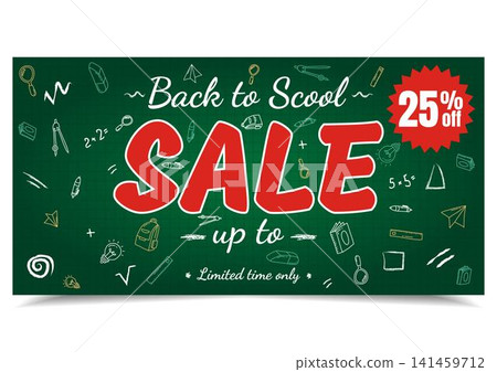 Promotional back to school sale banner featuring a green chalkboard background, white and colored doodles of school supplies, bold red typography, and a twenty-five percent discount offer for retail e Promotional back to school sale banner featuring a green chalkboard background, white and colored doodles of school supplies, bold red typography, and a twenty-five percent discount offer for retail e 141459712