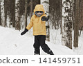 A child in a yellow jacket and gray hat plays in a winter park. A snowy winter forest, a fairy tale. An active, healthy lifestyle and fun games in the snow during the holidays 141459751
