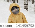 A child in a yellow jacket and gray hat plays in a winter park. A snowy winter forest, a fairy tale. An active, healthy lifestyle and fun games in the snow during the holidays 141459752