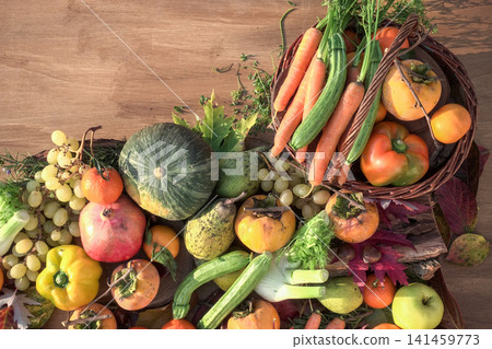 autumn fruits and vegetables top view autumn fruits and vegetables top view 141459773