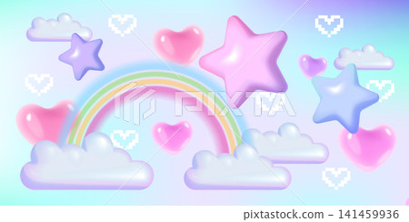 3D stars, cute pixel heart icons on blue gradient 3D stars, cute pixel heart icons on blue gradient 141459936