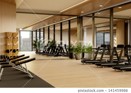 Modern gym interior with treadmill machines, weights, and large glass mirrors 3D rendering Modern gym interior with treadmill machines, weights, and large glass mirrors 3D rendering 141459986