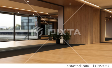 Empty modern studio room with wooden floor and mirrors for fitness yoga 3D rendering Empty modern studio room with wooden floor and mirrors for fitness yoga 3D rendering 141459987
