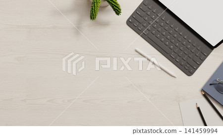 Flat lay wood desk workspace mockup with tablet keyboard pen glasses notebook 3D rendering Flat lay wood desk workspace mockup with tablet keyboard pen glasses notebook 3D rendering 141459994