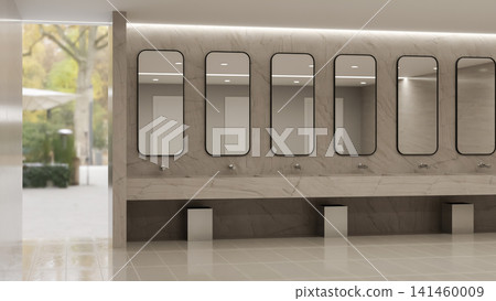 Public restroom vanity area with multiple rounded mirrors and marble counter 3D rendering Public restroom vanity area with multiple rounded mirrors and marble counter 3D rendering 141460009