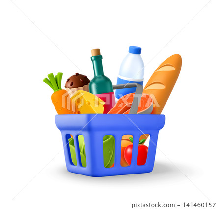 3D Shopping basket full of assorted groceries 3D Shopping basket full of assorted groceries 141460157