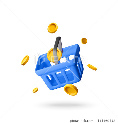 3D Blue shopping basket with flying gold coins 3D Blue shopping basket with flying gold coins 141460158