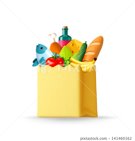 3D Paper bag full of healthy groceries. 3D Paper bag full of healthy groceries. 141460162
