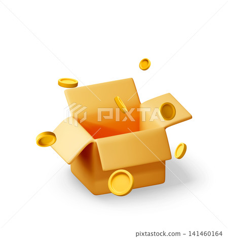3D Open cardboard box with flying gold coins 3D Open cardboard box with flying gold coins 141460164