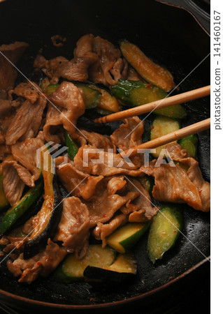 Cooking scene of stir-fried eggplant, cucumber, and pork with spicy miso Cooking scene of stir-fried eggplant, cucumber, and pork with spicy miso 141460167