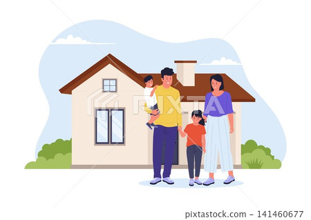 Happy Family Standing Proud in Front of New House Happy Family Standing Proud in Front of New House 141460677