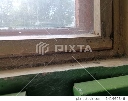Close up of a dirty, dusty window with wooden frame, thick spiderwebs, peeling paint, and grime on the sill against green below. Close up of a dirty, dusty window with wooden frame, thick spiderwebs, peeling paint, and grime on the sill against green below. 141460846