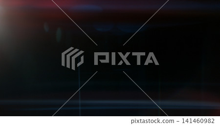 Abstract cinematic anamorphic lens flare overlay with blue horizontal light streaks and warm orange glow on a black background. Ideal VFX element for compositing, titles and film editing. 141460982