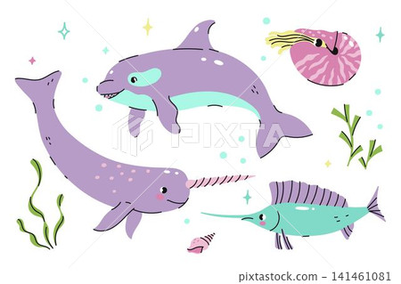 A set of cute underwater animals: narwhal, killer whale, marlin, and nautilus. Vector graphics A set of cute underwater animals: narwhal, killer whale, marlin, and nautilus. Vector graphics 141461081
