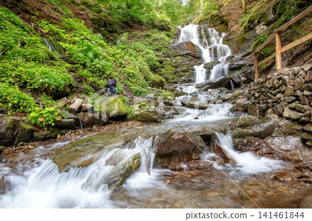 Water flows down rocks in a forest setting near a small waterfall during daytime Water flows down rocks in a forest setting near a small waterfall during daytime 141461844