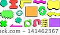 Colorful shapes are arranged in a creative layout. The stickers include various forms like arrows, stars, and squares. They sit on a plain background and invite fun ideas. 141462367
