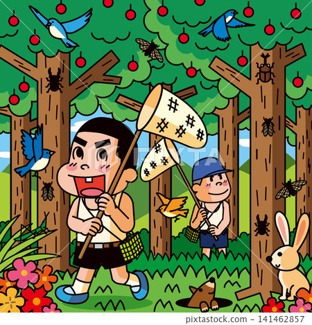 Boys from the Showa era catching insects in the forest in the middle of summer. 141462857