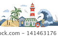 Vector seamless horizontal border coastal houses, boat, ocean waves, marine life. Sea background with lighthouses, seagulls and jumping dolphins. For ribbon design, fabric edges, summer coastal decor 141463176