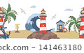 Seamless horizontal border lighthouse on pier, coastal house, ocean wave, marine life in vector. Sea repeat background with seagulls, palm, anchor. For ribbon design, fabric edges, summer decor 141463180