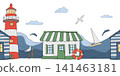 Seamless horizontal border coastal houses, lighthouse, boat, ocean waves, marine life. Vector graphic illustration. Sea background with seagulls and jumping dolphins. For summer coastal decor, design 141463181
