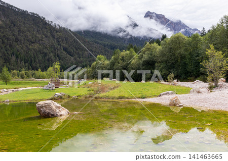 Green alpine pond with boulders lawn forest and misty mountain, near San Vigilio di Marebbe Green alpine pond with boulders lawn forest and misty mountain, near San Vigilio di Marebbe 141463665