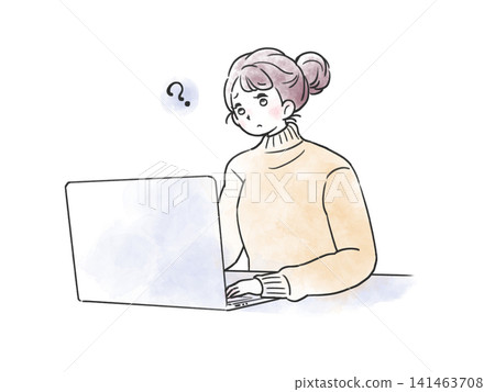 一幅水彩風格的插畫，描繪了一位面帶疑問表情的女士正在使用筆記型電腦。 141463708
