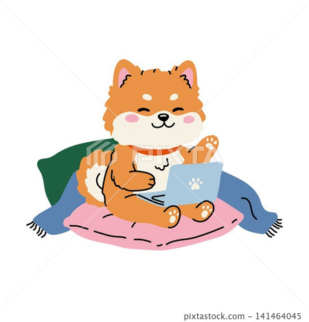 Kawaii Dog Working Online with Laptop at Home Kawaii Dog Working Online with Laptop at Home 141464045