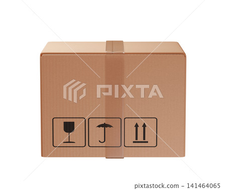 3d Cardboard shipping box with strap and handling symbols, isolated. Open and closed parcel for package and delivery concept. 3d render 3d Cardboard shipping box with strap and handling symbols, isolated. Open and closed parcel for package and delivery concept. 3d render 141464065