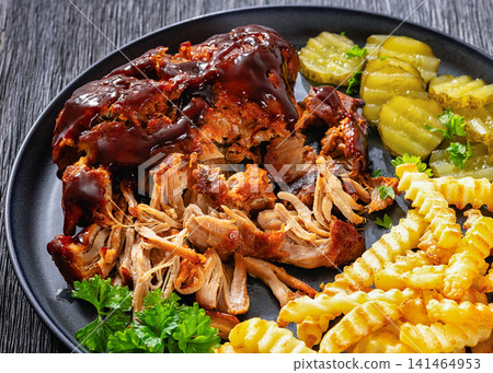 Slow Cooked Pork With Wave Fries And Pickles 141464953