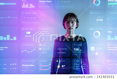 A woman surrounded by holographic data screens A woman surrounded by holographic data screens 141465033
