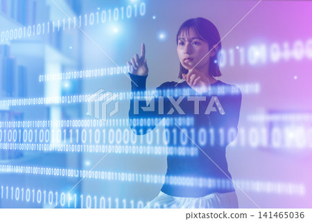 A young woman pointing in the digital space A young woman pointing in the digital space 141465036
