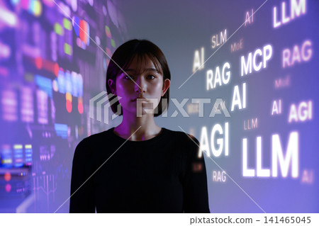 A woman with AI and LLM concepts as her background. A woman with AI and LLM concepts as her background. 141465045