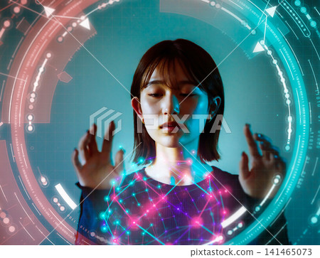 Woman touching a hologram Woman touching a hologram 141465073