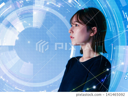 A woman standing in a futuristic digital space A woman standing in a futuristic digital space 141465092