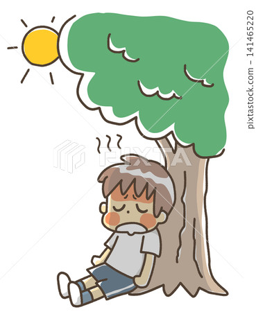 An illustration of a boy resting in the shade because it's hot. An illustration of a boy resting in the shade because it's hot. 141465220