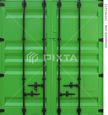 Door Panel Of Lime Green Cargo Container With Black Locking Bars And Handles Door Panel Of Lime Green Cargo Container With Black Locking Bars And Handles 141465231