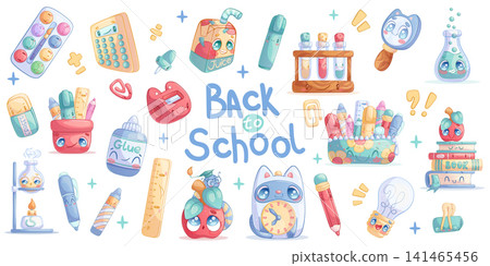 A set with cute cartoon characters. Book, pencil, pen, marker, sharpener, ruler, paints, glue, flasks and much more. Back to school. Study supplies. Isolated vector illustration on a white background A set with cute cartoon characters. Book, pencil, pen, marker, sharpener, ruler, paints, glue, flasks and much more. Back to school. Study supplies. Isolated vector illustration on a white background 141465456